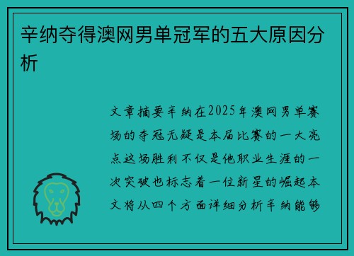 辛纳夺得澳网男单冠军的五大原因分析